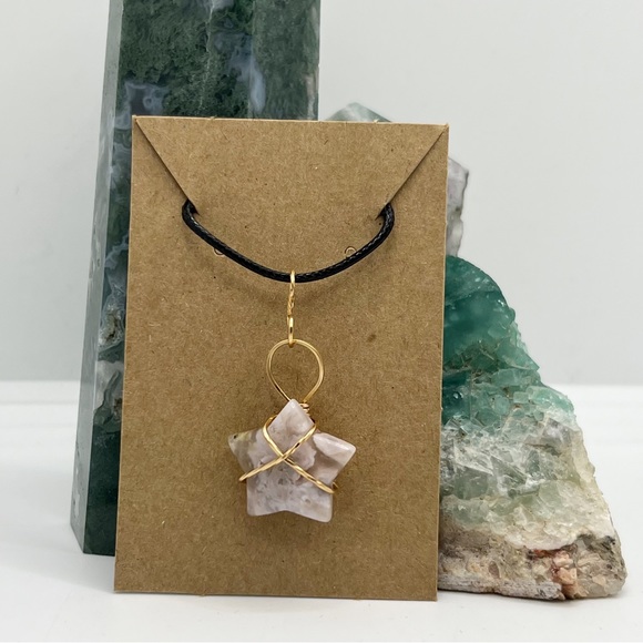Lunar Neptune Jewelry - Flower Agate Crystal Star Copper Wire Wrapped Pendant Necklace